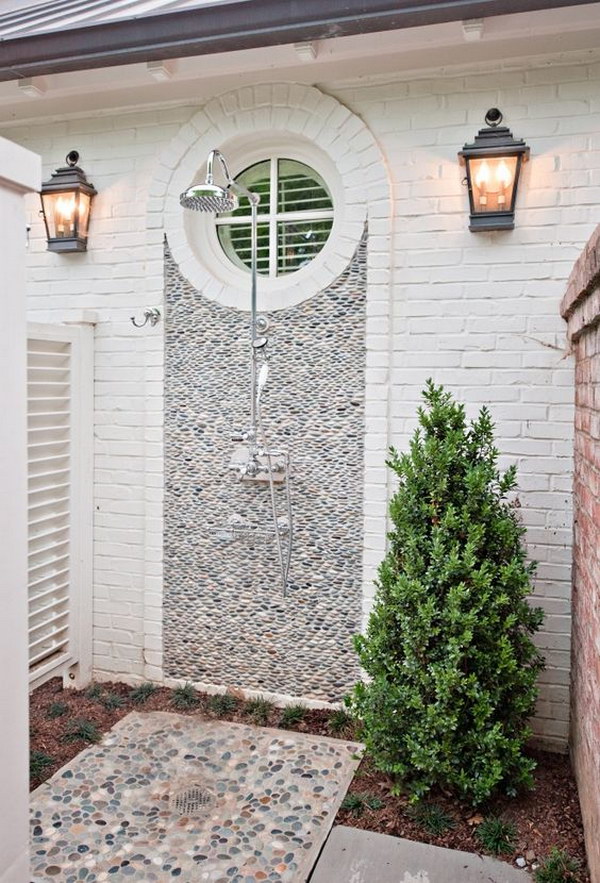 Outdoor Shower with Pebble Wall.
