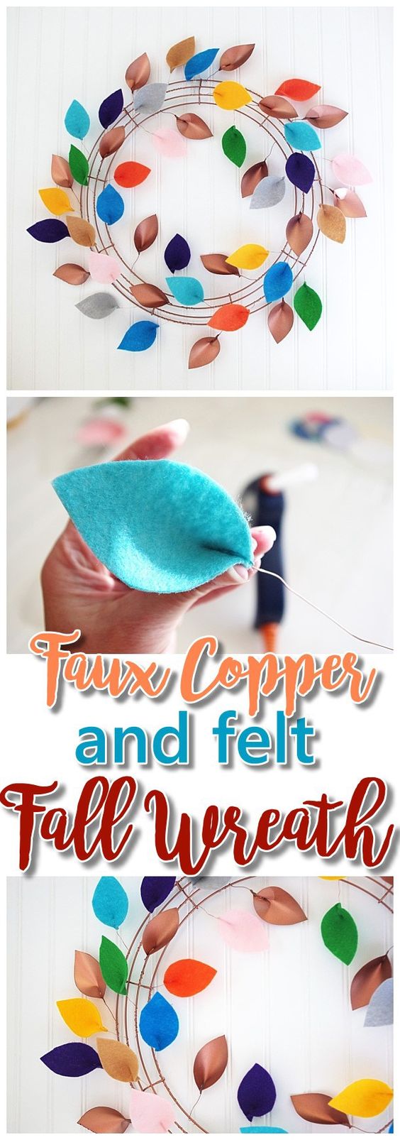 DIY Faux Copper and Felt Leaves Fall Wreath.