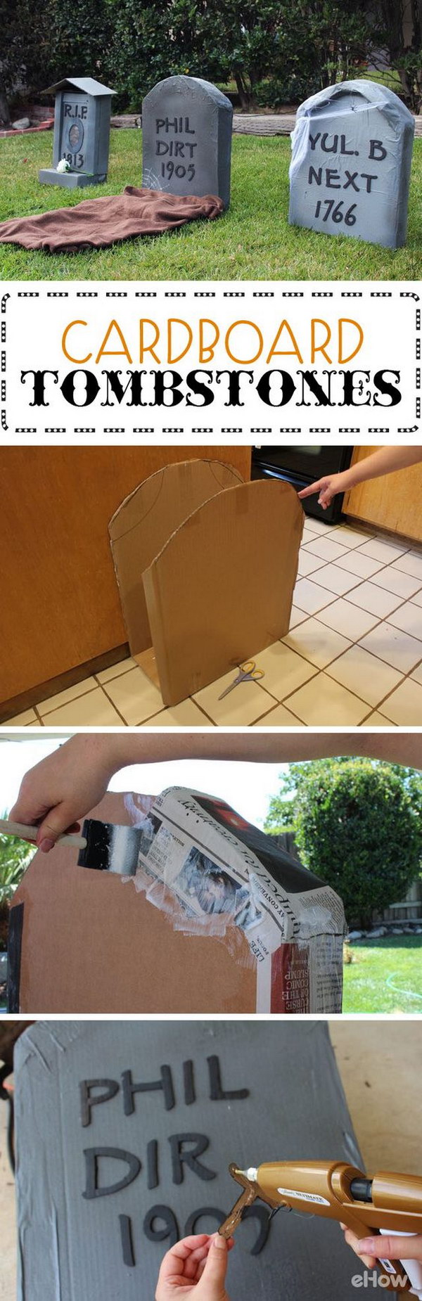 DIY Cardboard Tombstones for Halloween Yard Decoration.