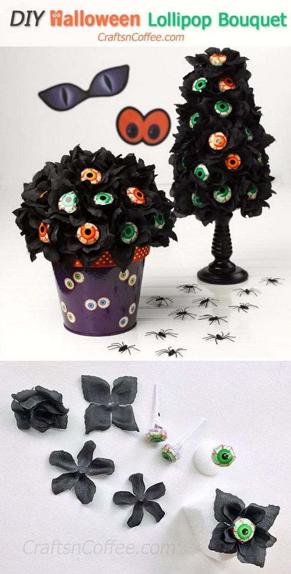 DIY Black Roses & Eyeball Lollipop Bouquet and Topiary.