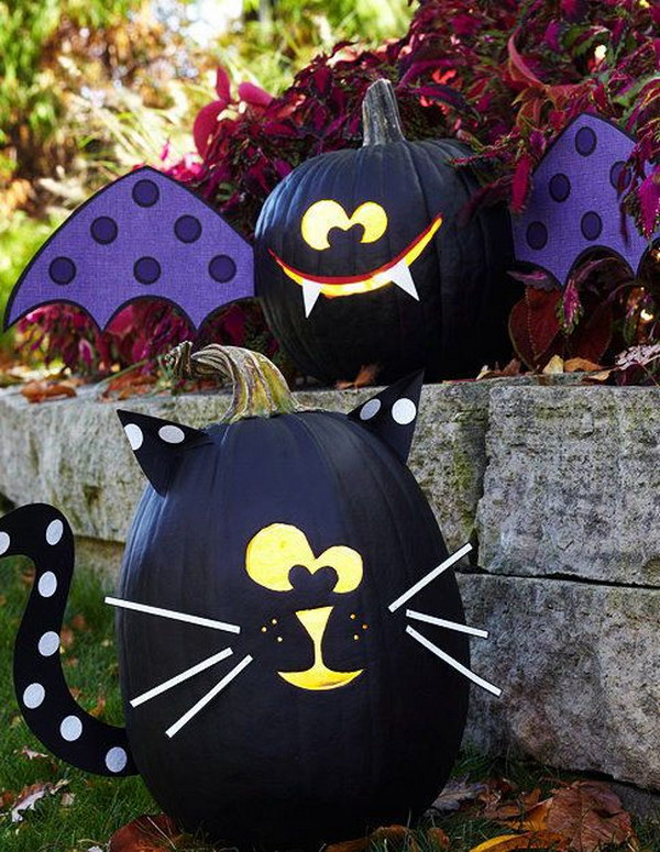DIY Black Bat and Black Cat Pumpkins.
