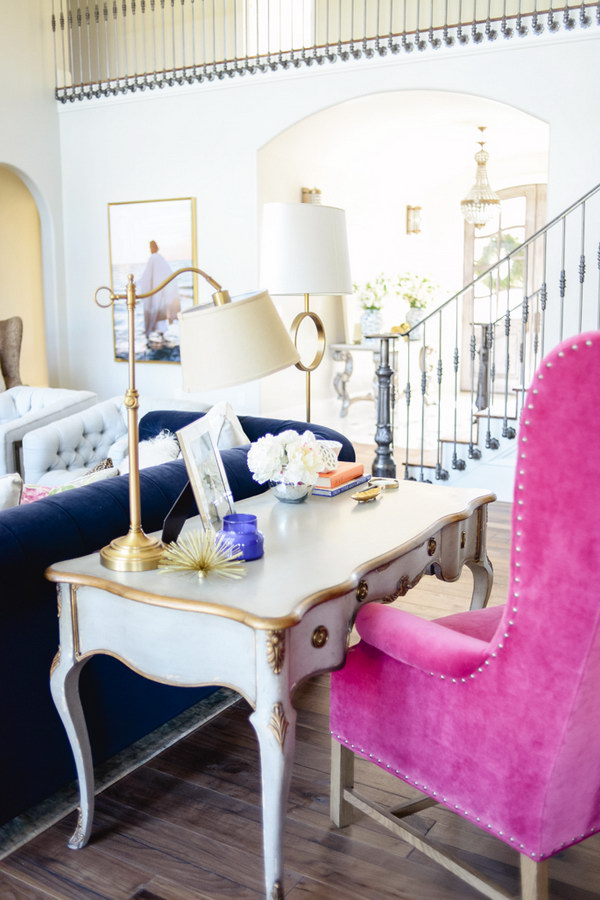 Feature a Writing Desk as a Sofa Table to Maximize Space and Function while Maintaining a Decorative Look.