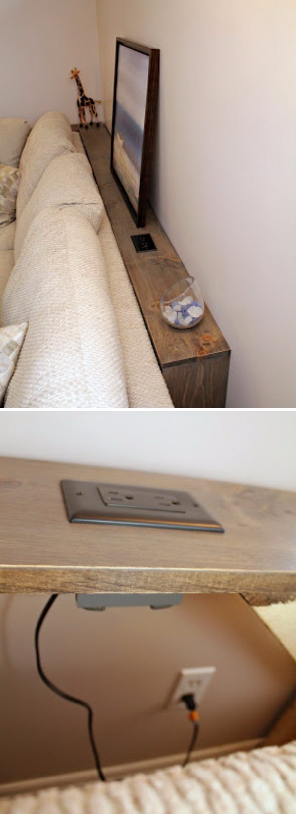 This DIY Sofa Table Behind Built In Outlets Allows You Plug In Your Electronics Easily.