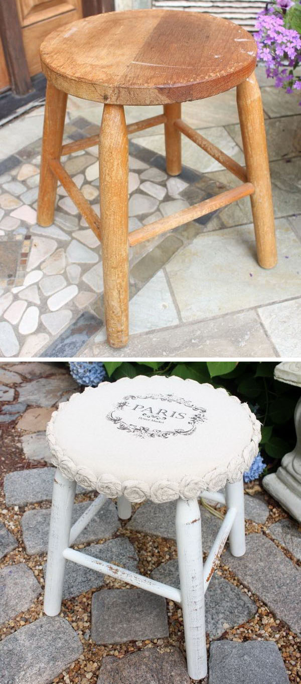 Shabby Chic Drop Cloth Rosette Stool Makeover.