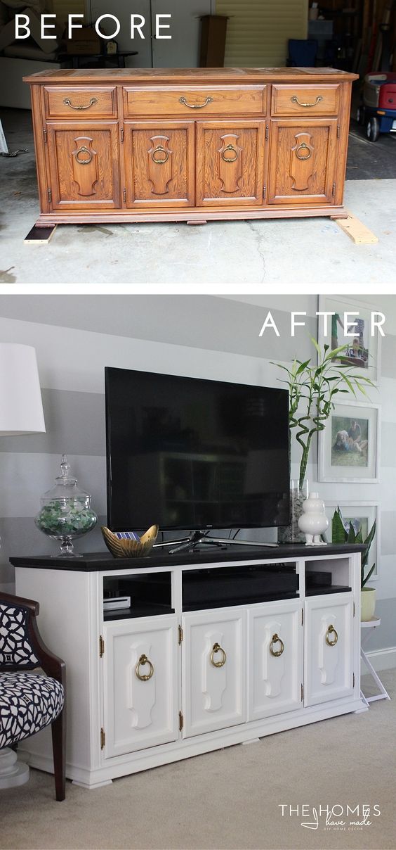 DIY High Impact TV Stand From An Old Oak China Buffet.