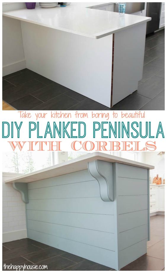 Turn Your Kitchen from Boring Builder Basic to Beautiful With a DIY Planked Peninsula With Corbels.