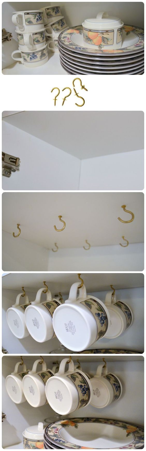 Neaten Up Your Cupboards and Save Space by Hanging Hooks for Your Mugs.