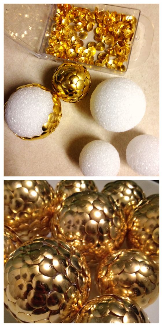 Dollar Store Gold Thumbtacks Decorated Styrofoam Balls.
