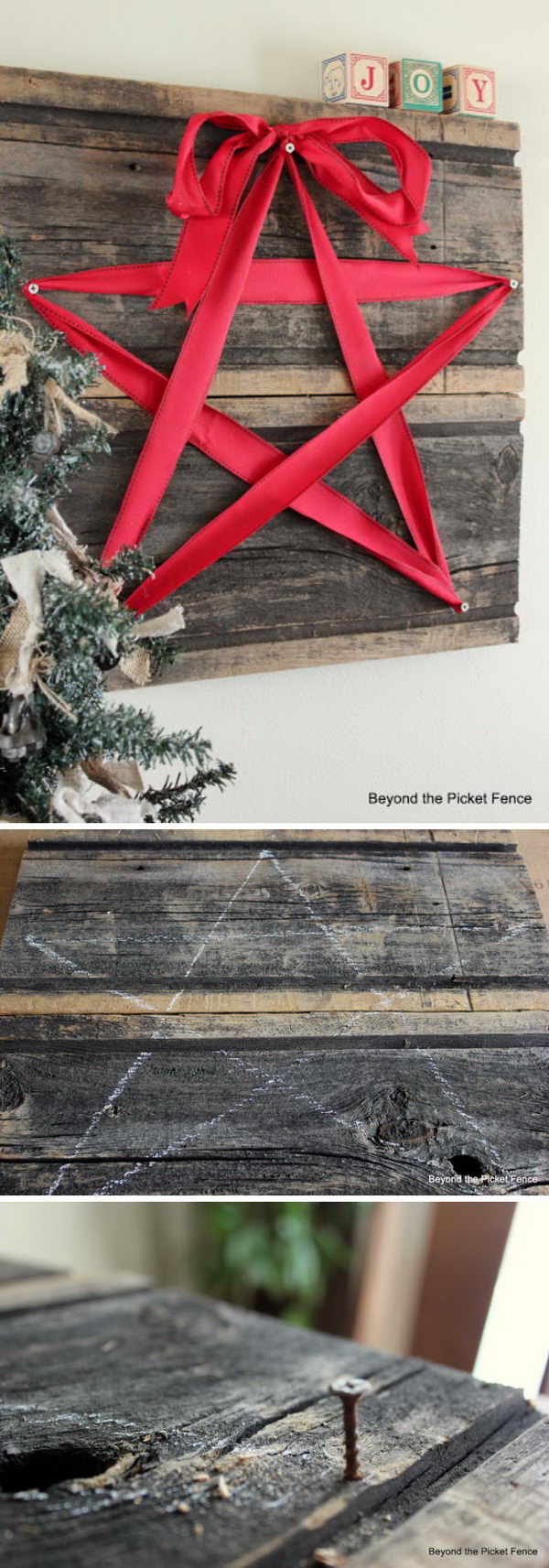 DIY Rustic Christmas Star Decoration With Red Ribbon and Recycled Wood. 