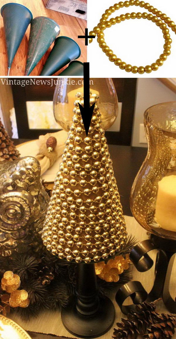 Upcycled Sparkly Christmas Tree Made with Gold Beads. 