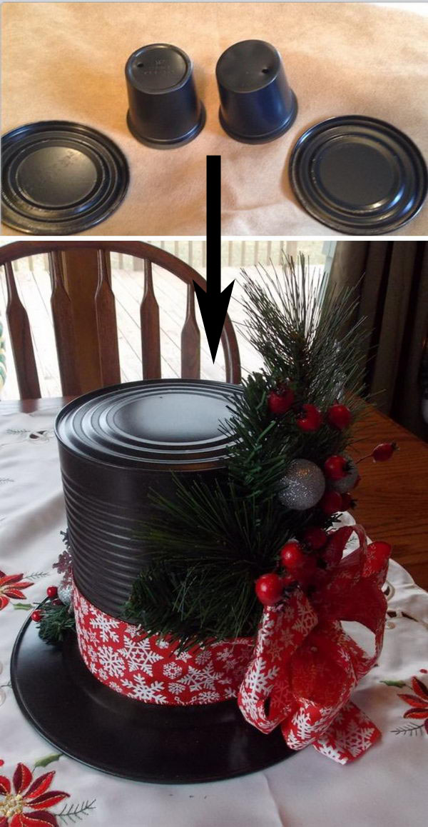 Snowman Hat Centerpieces Made from Dollar Store Plates and Large Tin Cans. 