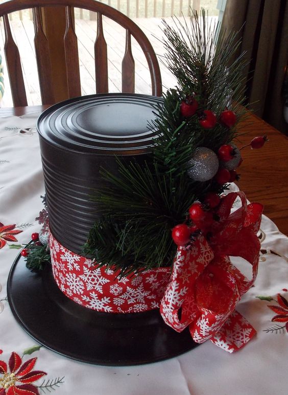 Snowman Hat Centerpieces Made from Dollar Store Plates and Large Tin Cans. 