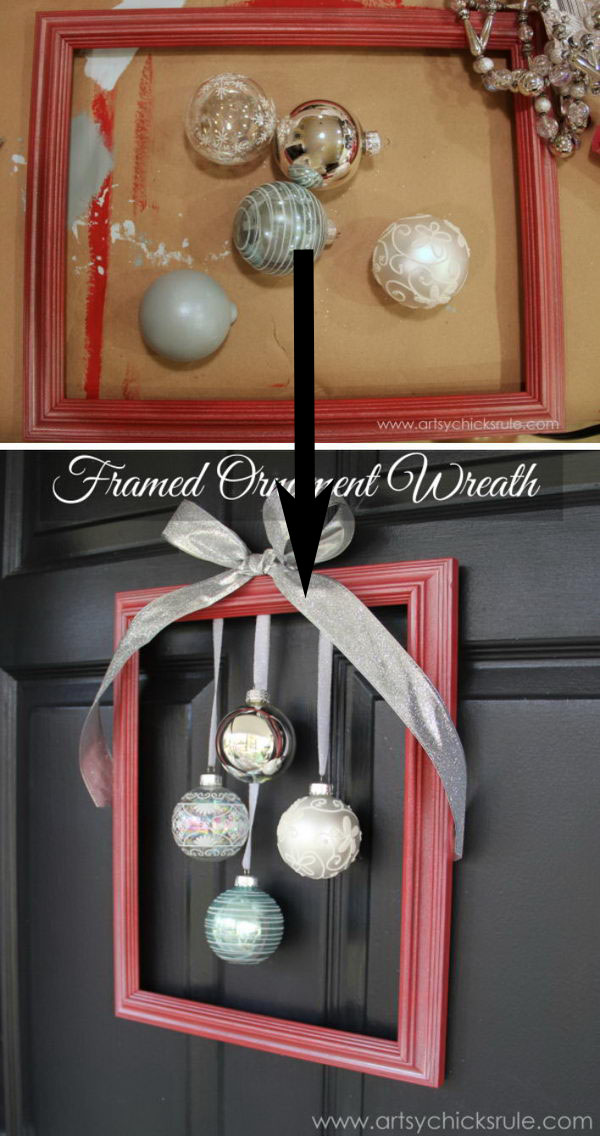 Make your home look festive for less this holiday season with easy DIY dollar store Christmas decor ideas. Wreaths, candles, centerpieces, wall art, ornaments, vases, gifts and more!DIY Framed Ornament Wreath. 