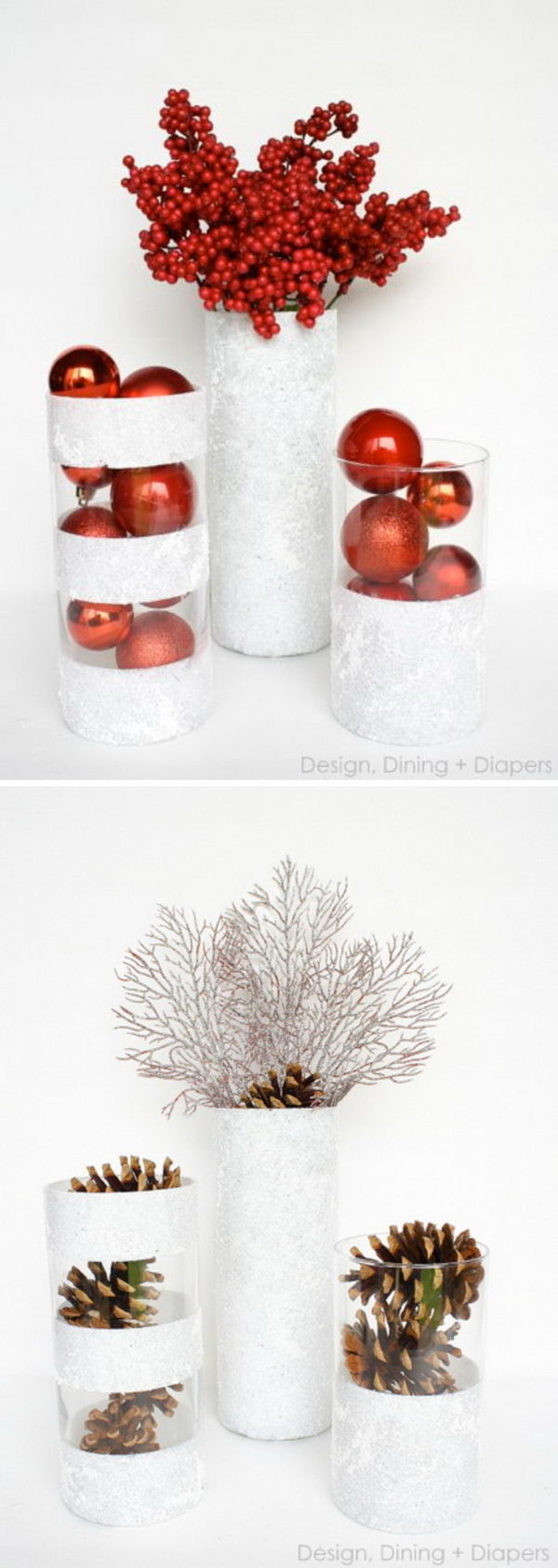 Dollar Tree DIY Christmas Winter Vases Painted with Snow Tex. 