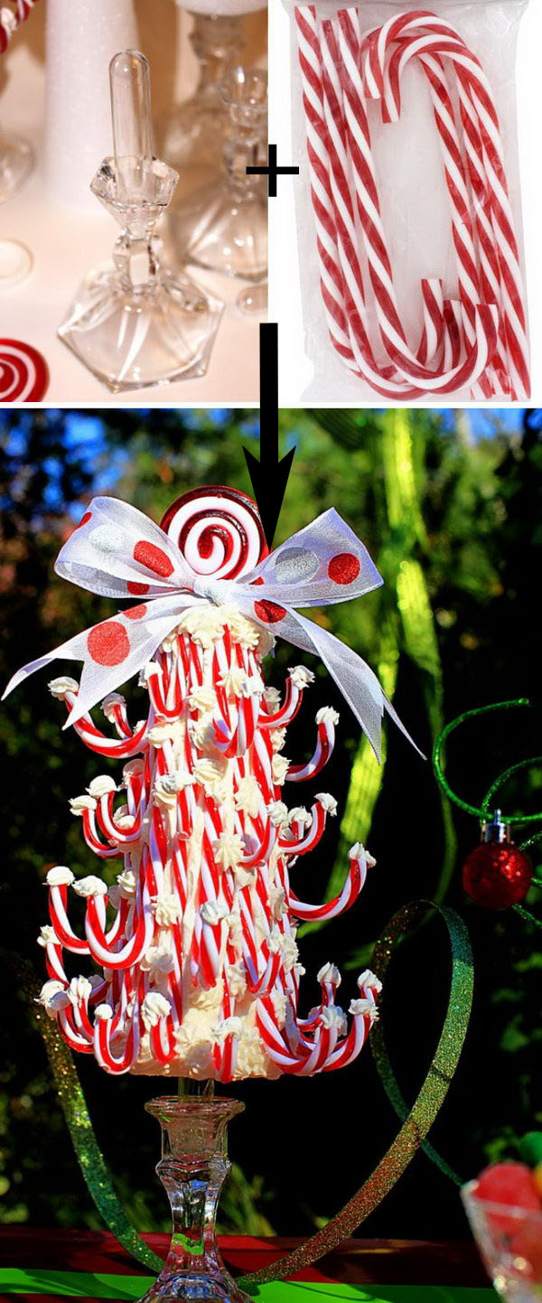 Dollar Store DIY Candy Cane Topiary Tree. 