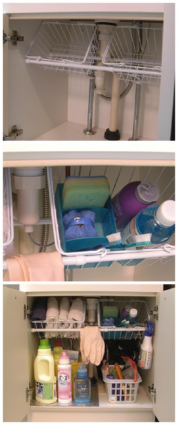 Use Small Tension Rods to Hold Wire Baskets Under Sink.