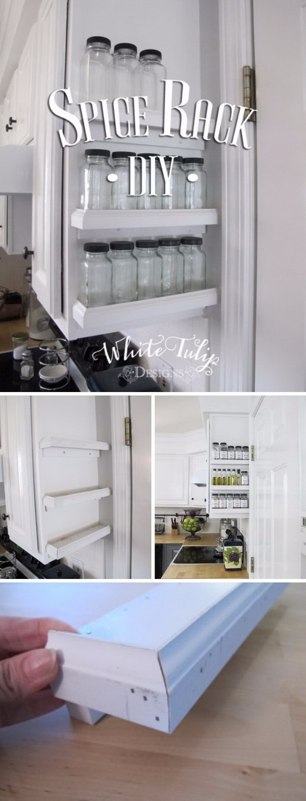DIY Spice Rack Attached to Kitchen Cabinets.