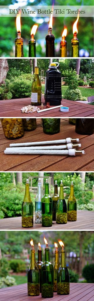DIY Wine Bottle Tiki Torch for Backyard Lighting.