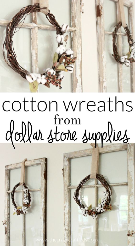 Old Window Decorated With Dollar Store Cotton Wreath.