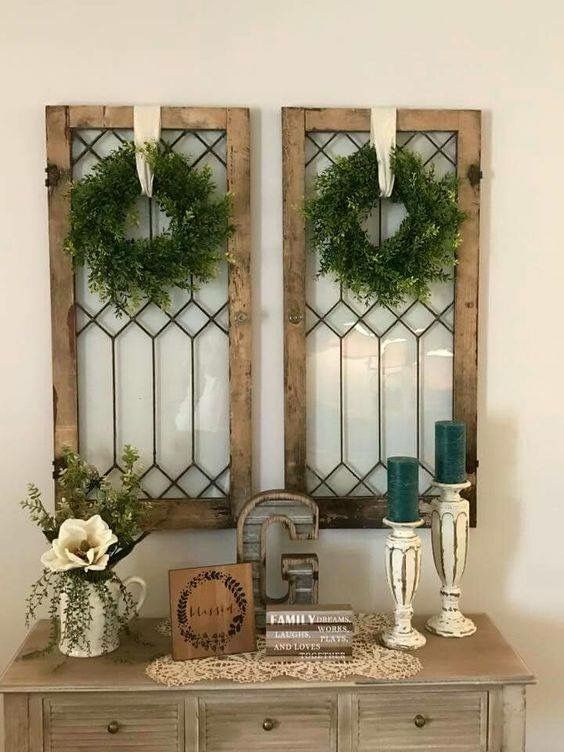 Old Windows Decorating A Blank Wall.