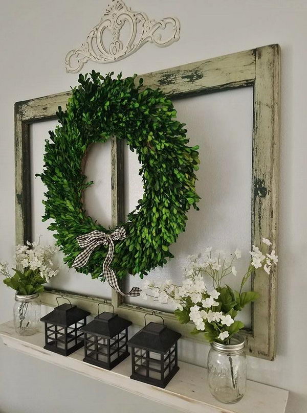 Rustic Wall Decoration with Old Window and DIY Shelf .