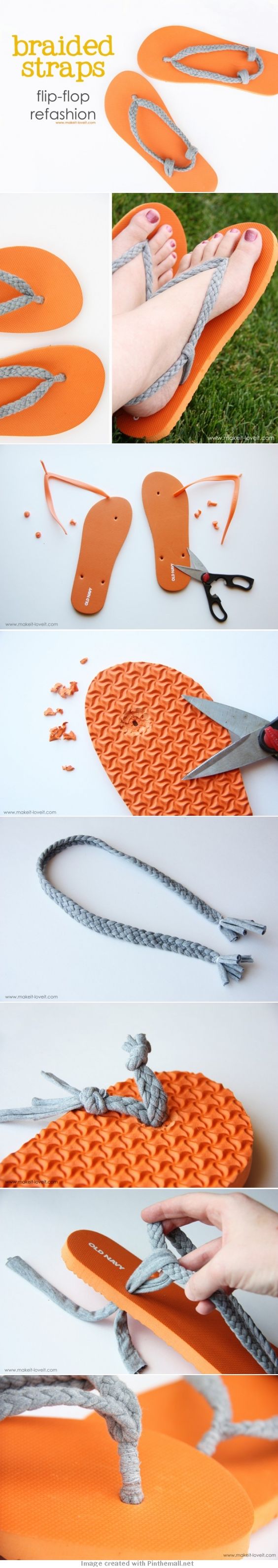 Refashion your old flip fiops into DIY comfy braided strap sandals using old t shirts.