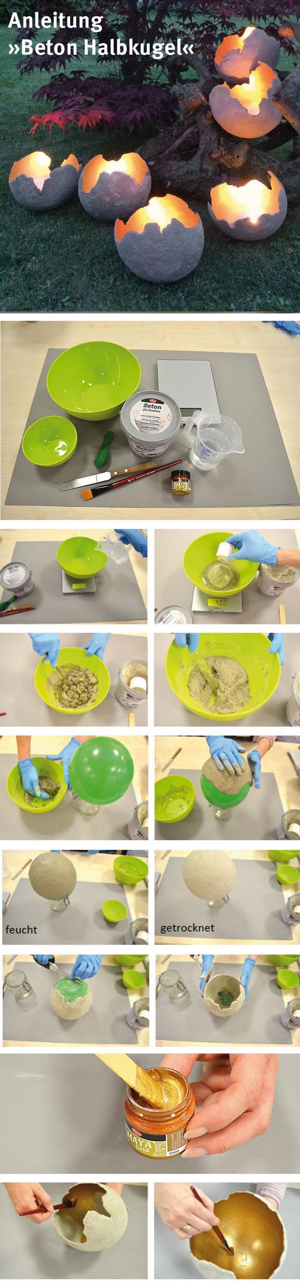 DIY Cement Garden Sculptures as Luminaries, Planters, Decorative Objects.