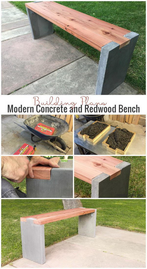 DIY Wood and Concrete Slab Garden Bench.