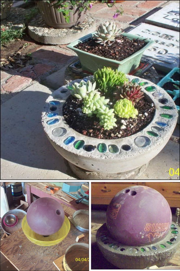 DIY Concrete Bowling Ball Planter.