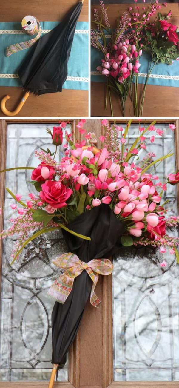 Decorate Your Front Door with An Umbrella Full of Flowers.