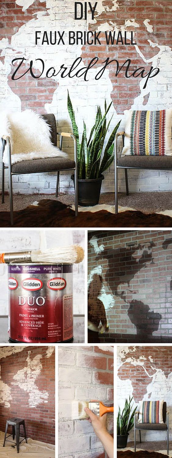 DIY Faux Brick Wall World Map. 