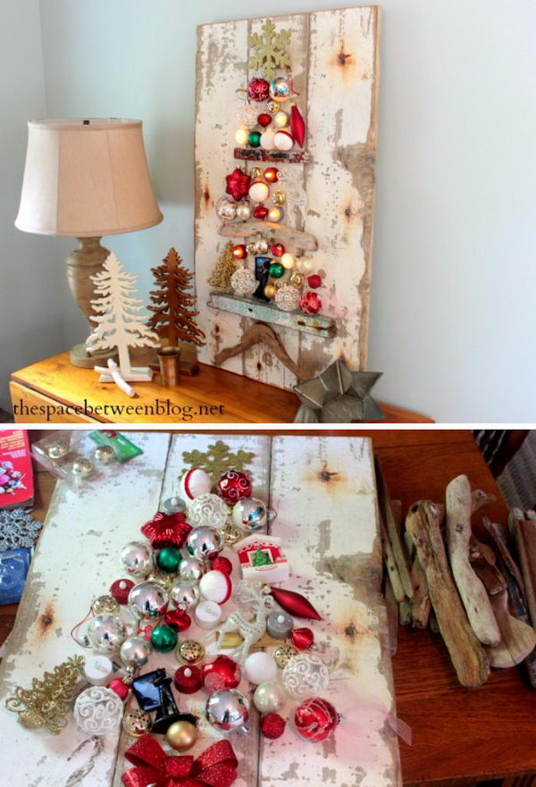 Rustic Christmas Tree Craft Using Driftwood And Ornaments.