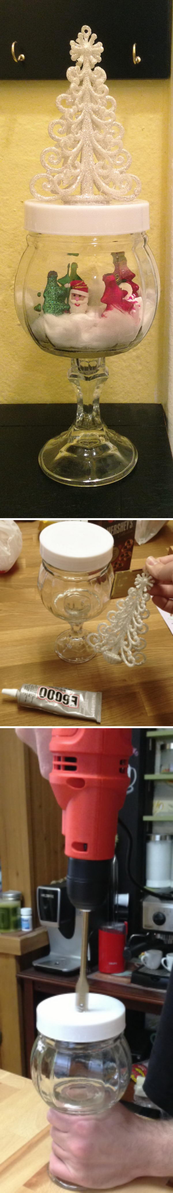 DIY Christmas Snow Globe Using Dollar Store White Glittery Tree Ornament.