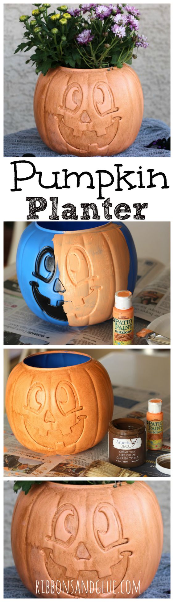 DIY Pumpkin Planter From A Painted Plastic Treat Bucket.