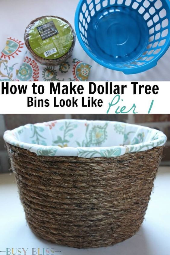DIY Lined Woven Baskets From Dollar Tree Storage Bins.