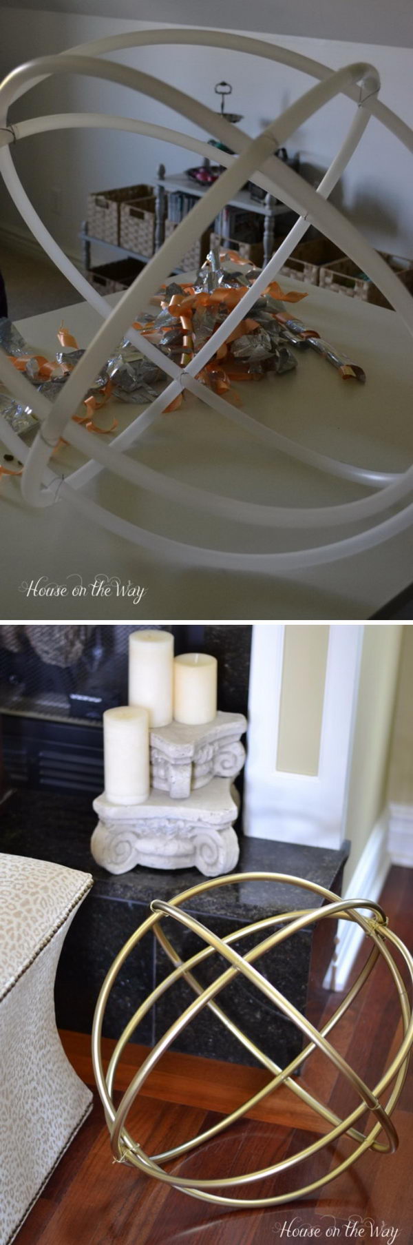 DIY Gold Decorative Sphere Made From Hula Hoops.