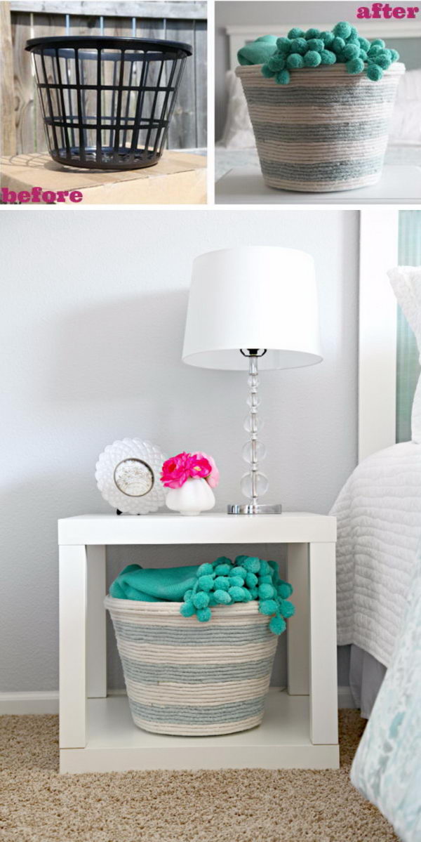 DIY Rope Basket Using Doallar Store Plastic Basket.