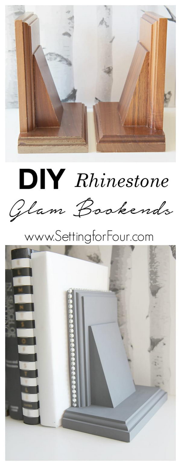 DIY Rhinestone Glam Bookends Using Thrift Store Wooden Bookends.