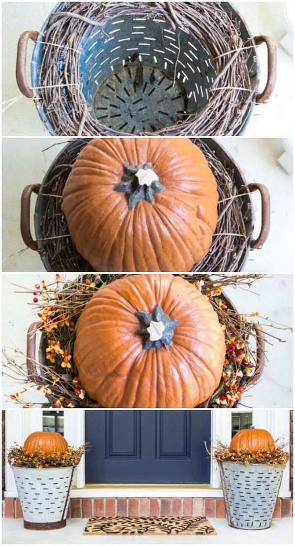 DIY Fall Olive Bucket Pumpkin Planters.