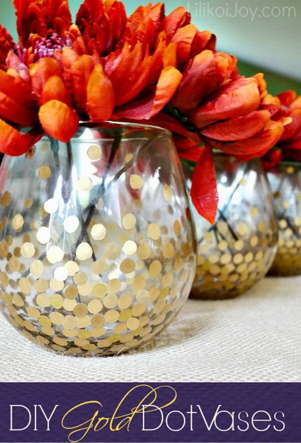 DIY Gold Dotted Vases For Displaying Fall Flowers.