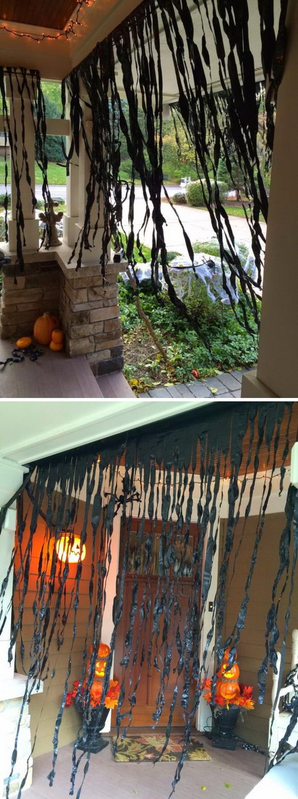Cut Up Black Plastic To Make A Spooky Porch.