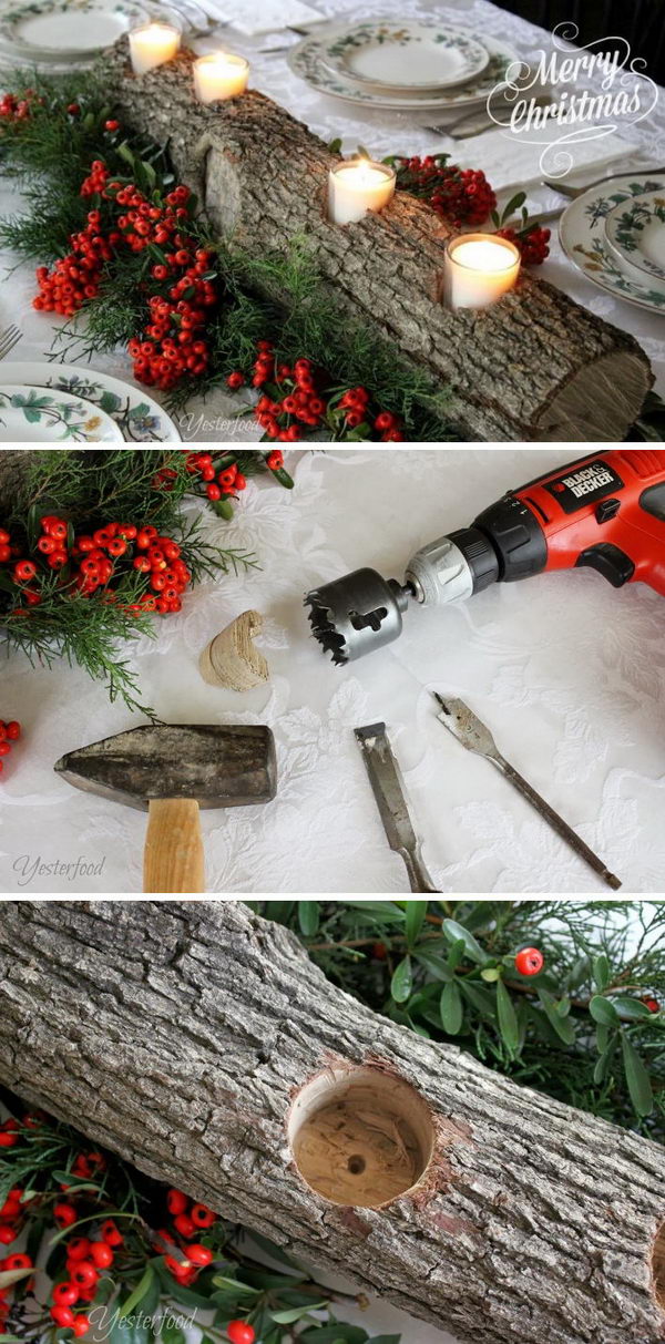 Rustic Log Candle Holder Centerpiece. 