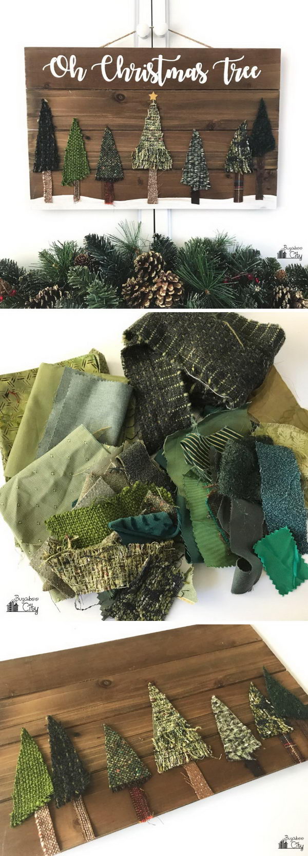 Fabric Scrap Wooden Christmas Tree Sign. 