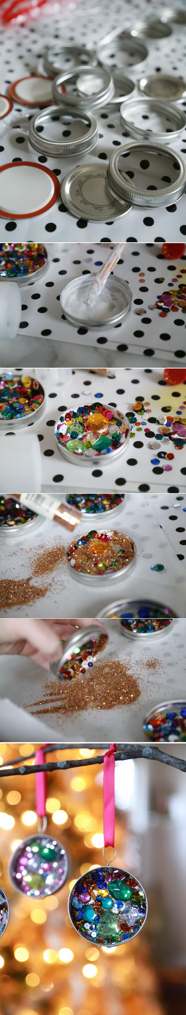Sequin Mason Jar Lid Ornaments.