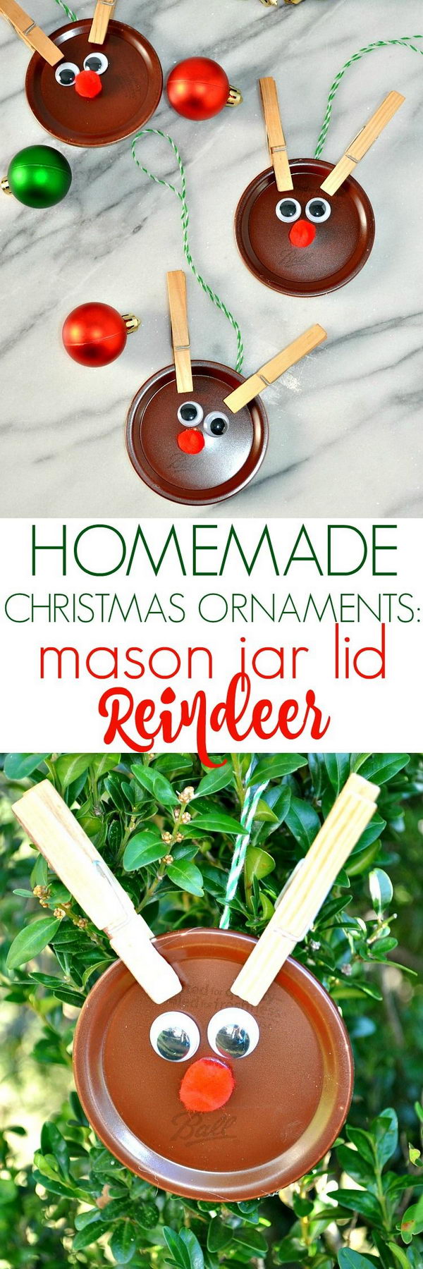 Clothespin Mason Jar Lid Reindeer Ornaments.