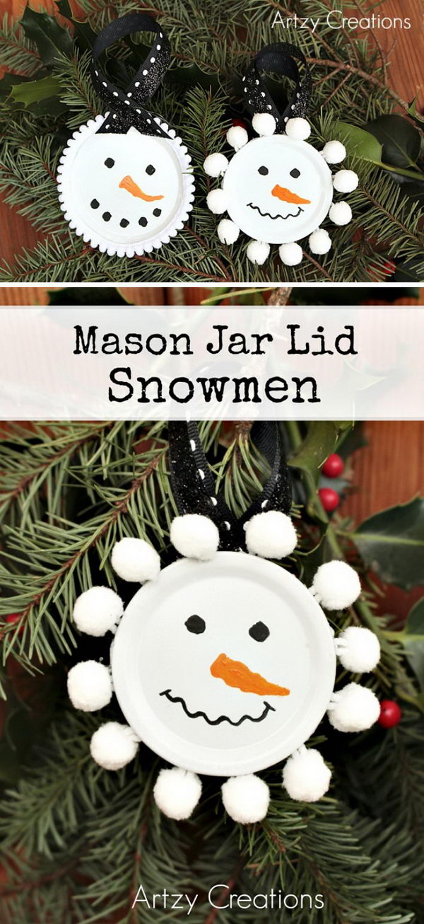 Mason Jar Lid Snowmen Ornaments.