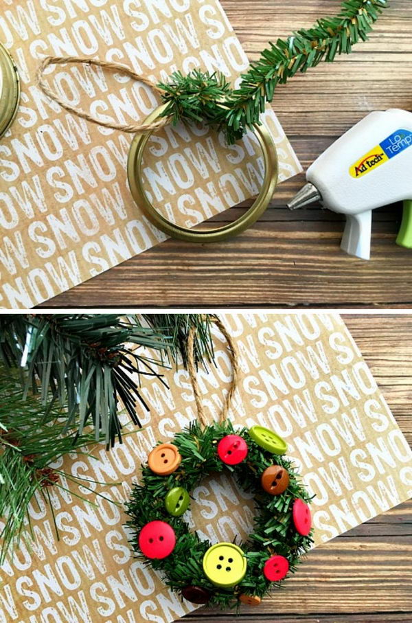 Pine Roping Garland And Buttons Decorated Mason Jar Lid Ring Ornament.