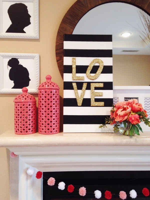 DIY Glitter Love Canvas Sign And Pom Pom Garland.