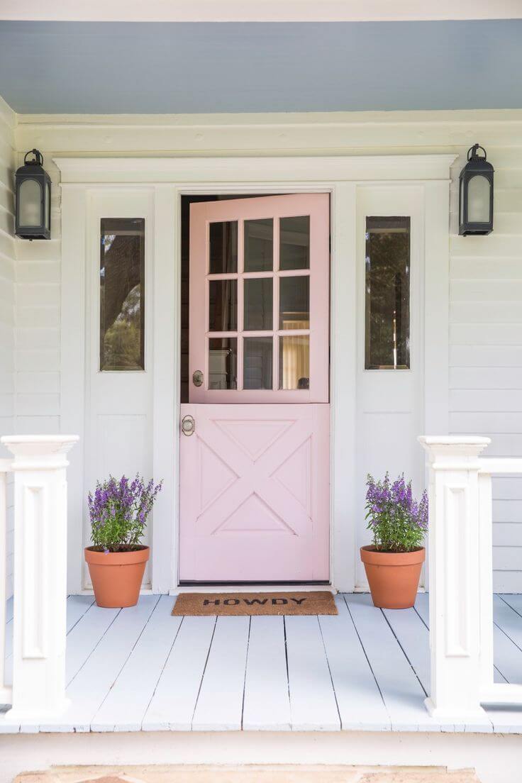 Pretty In Pink Front Door With Lavender Pots.