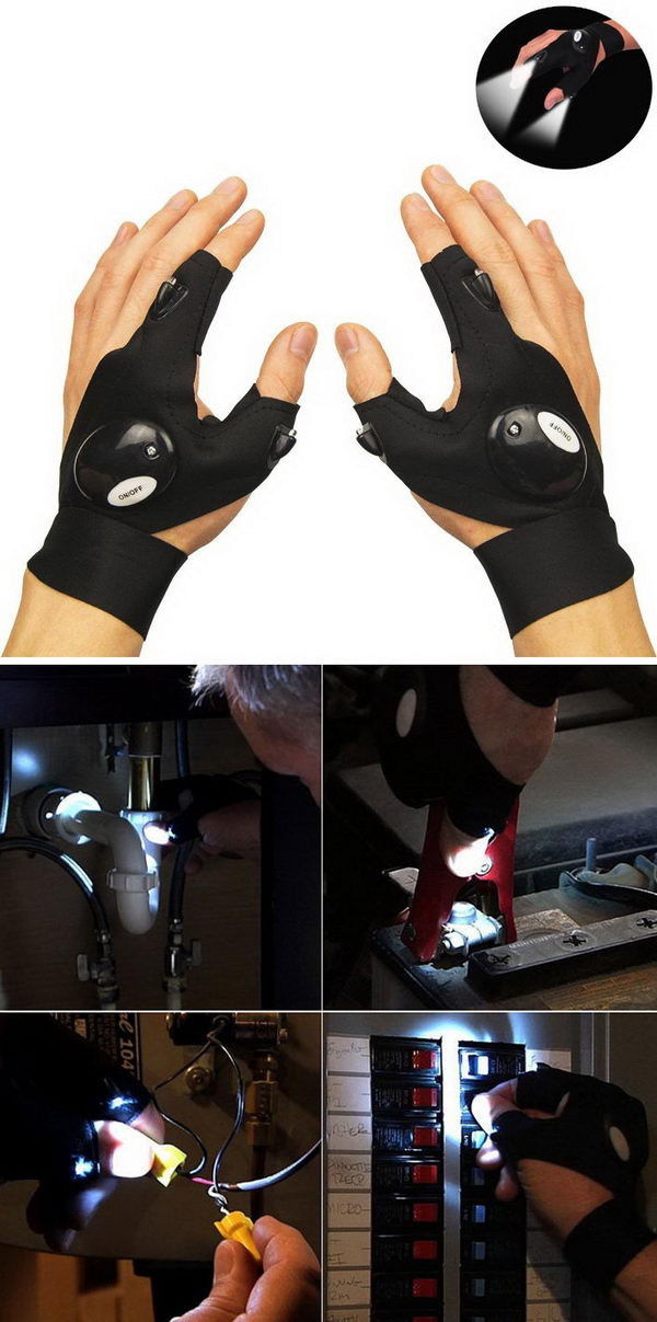 Cool Fingerless LED Flashlight Gloves for Repairing,Working in Darkness Places, Fishing and Camping.